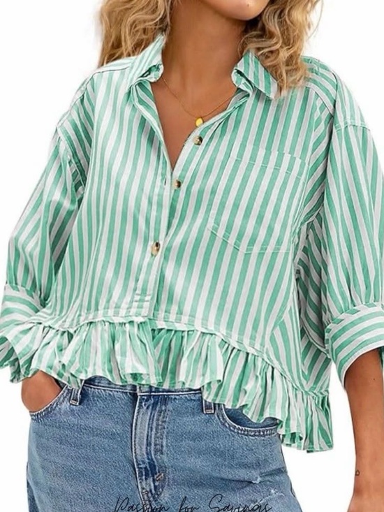 BUCKETLIST Tops - Striped Ruffle Hem Button-Front Top - Mint Green - size M